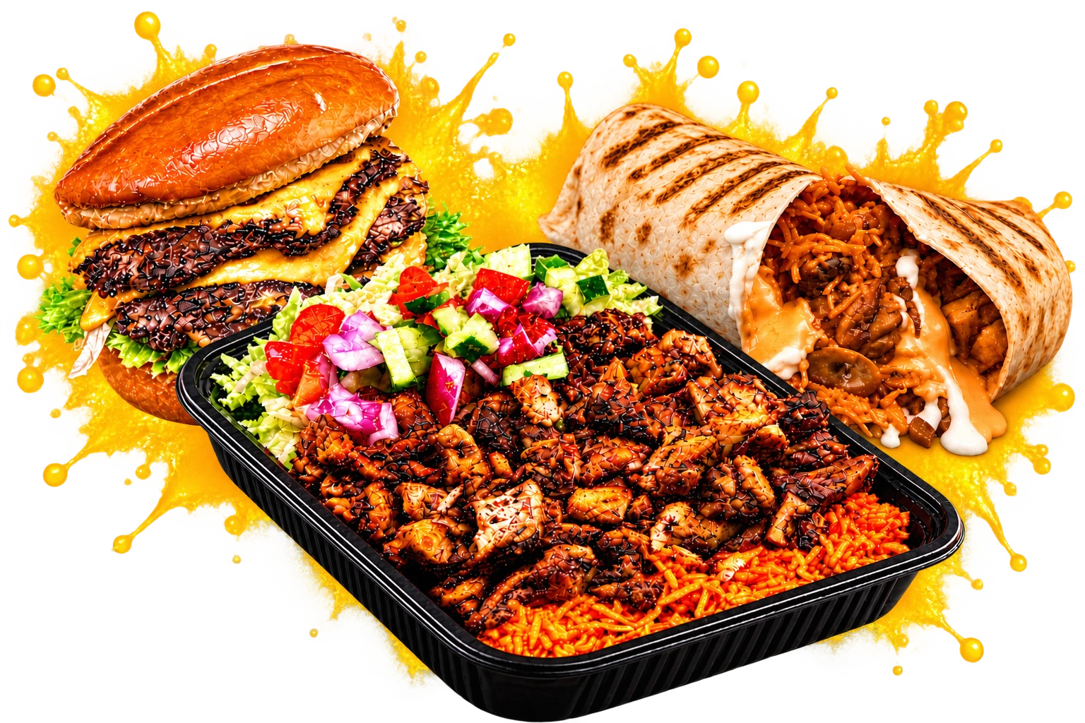 BUSN' Halal food favorites including a smash burger, burrito, and jerk chicken platter